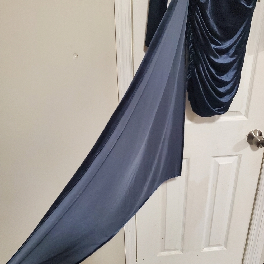 NWT Women's Blue Velvet Ruched Mini Dress with Dramatic Side Drape Size XXS - Picture 8 of 12